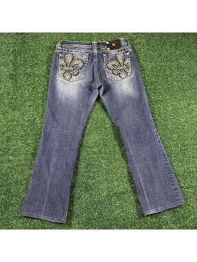 Y2K BKE Miss Me blue low rise bootcut jeans fleur de lis embellished size 30x27